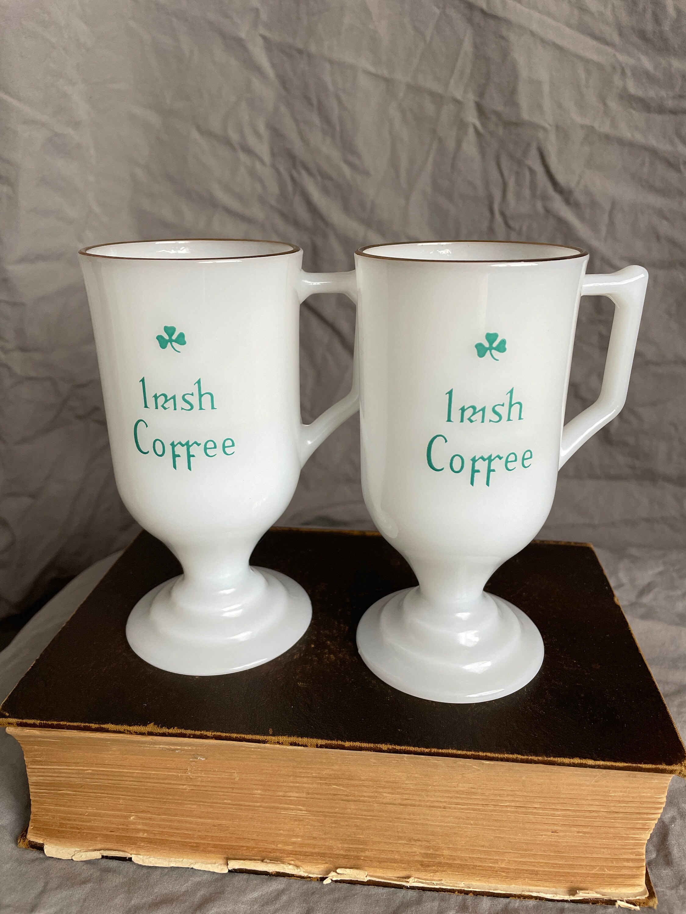 Vintage Set of 4 Footed Federal Glass Milk Glass Gold Rimmed Irish Coffee  Mugs