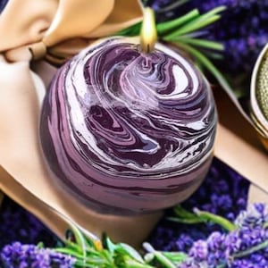 marbled ball candle lavender swirl tie-dyed sphere handpainted soothing ambiance home decor hostess gift wedding favor party centerpiece