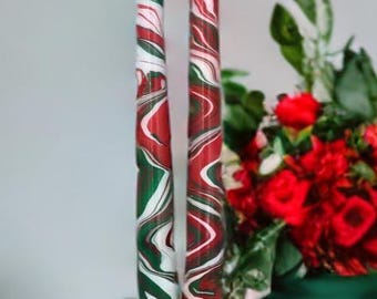 marbled taper candle christmas swirl festive x-mas candlestick handpainted solstice decoration gift holiday party centerpiece candlelight