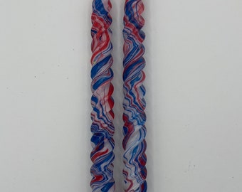 marbled candles, red white and blue, 12” twist candles, custom made, hand-painted candle, tie-dye candle, marbleized, decorative candle