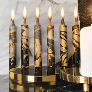 marbled candle set gold  & black swirl elegant hand-dyed 5” mini candlesticks home decor tabletop candlelight centerpiece gift party favor