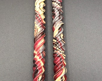 marbled candles, maroon color scheme, 12” twist candles, custom made, hand-painted candle, tie-dye candle, marbleized, decorative candle