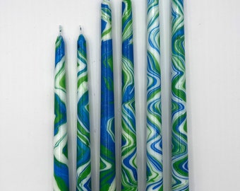 marbled candles, River color scheme, 10”, 12”, 14” taper candles, hand-painted candle, tie-dye candle, marbleized candle