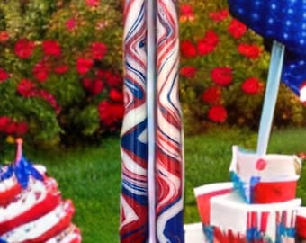 marbled taper candle red white & blue swirl tie-dyed candlestick handpainted patriotic decor gift 4th of july celebration party centerpiece