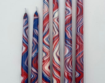 marbled candles, red, white and blue color scheme, 10”, 12”, 14” taper candles, hand-painted candle, tie-dye candle, marbleized candle