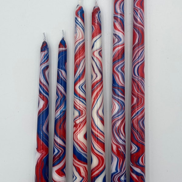 marbled candles, red, white and blue color scheme, 10”, 12”, 14” taper candles, hand-painted candle, tie-dye candle, marbleized candle