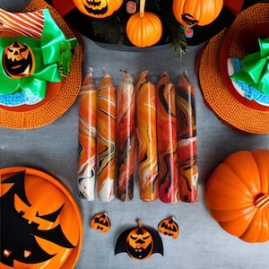 marbled candle set halloween candycorn swirl spooky hand-dyed 5” mini candlesticks home decorating tabletop centerpiece party trick or treat