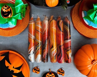 marbled candle set halloween candycorn swirl spooky hand-dyed 5” mini candlesticks home decorating tabletop centerpiece party trick or treat