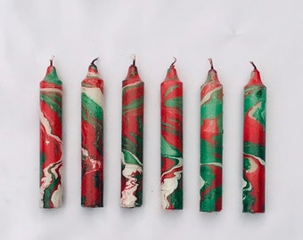 marbled candles, Christmas color scheme , 5” straight candle, household candle, hand-painted candle, tie-dye candle, marbleized candle,