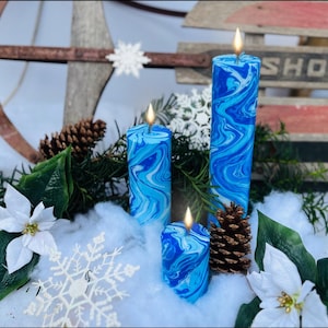 marbled pillar candle winter swirl hand-dip dyed festive candlelight holiday home decorating gift solstice party centerpiece wedding favor