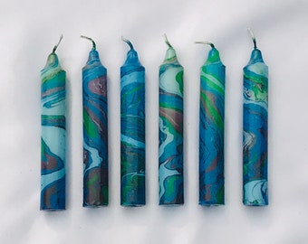 marbled candles, Ocean color scheme , 5” straight candle, household candle, hand-painted candle, tie-dye candle, marbleized candle,