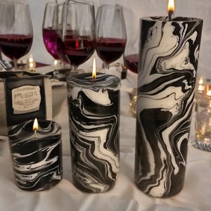 marbled pillar candle tuxedo black & white swirl hand-dip dyed elegant designer home decor gift party centerpiece wedding unity candlestick