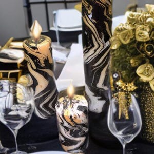 marbled pillar candle black & gold swirl hand-dip dyed elegant home decor gift party centerpiece wedding unity candlestick candlelight vigil