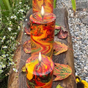 marbled pillar candle autumn swirl hand-dip dyed natural earthtone home decoration fall harvest party gift thanksgiving centerpiece
