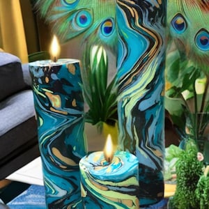 marbled pillar candle peacock iridescent swirl hand-dip dyed designer home decor gift party favor centerpiece wedding unity candlelight