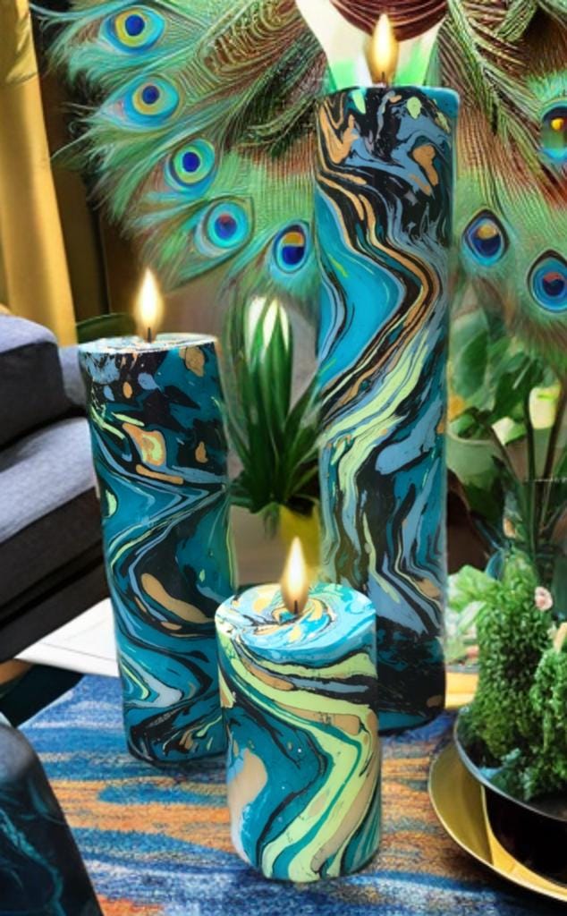 Jewel Plume Peacock Candleholder Set Wth Candles | Peacock Room Decor