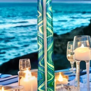marbled taper candle ocean swirl nautical wave dip-dyed candlestick beach ambiance home decoration gift wedding blue-green party centerpiece