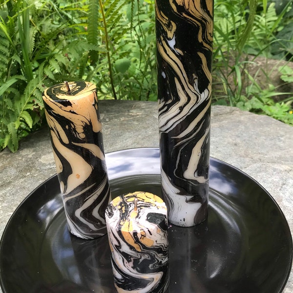 Pillar candle, solid gold color scheme, marbled candle, ritual candle, vigil candle, spiritual intention candle, tie-dyed