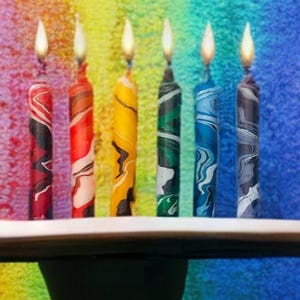 marbled taper candle pride rainbow & black swirl colorful tie-dyed candlestick handpainted home decor LBGTQ gift wedding party centerpiece