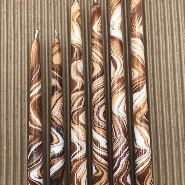 marbled candles, Coffee and cream color scheme, 10”, 12”, 14” taper candles, hand-painted candle, tie-dye candle, marbleized candle,