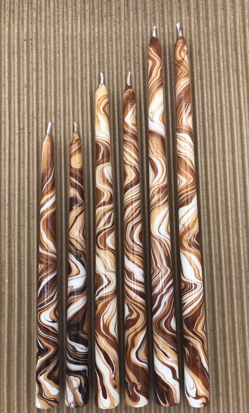 marbled candles, Coffee and cream color scheme, 10, 12, 14 taper candles, hand-painted candle, tie-dye candle, marbleized candle, image 1