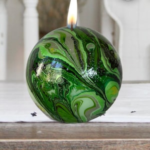 marbled ball candle granite swirl earthy green dip-dyed sphere handpainted designer home decorating gift wedding holiday party centerpiece