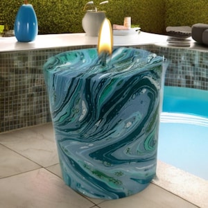 marbled pillar candle aqua turquoise swirl hand-dip dyed tranquil beach ambiance home decoration party centerpiece wedding unity candlestick