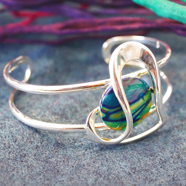 Heathergems Heart Silver Plated Bangle | Handcrafted Jewellery | Made in Scotland | Unique Colourful Jewellery | Bell Bangle