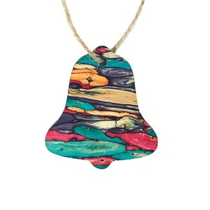 May include: A colourful bell ornament with a rustic twine hanger. The bell is made of wood and has a multi-coloured, abstract pattern.
