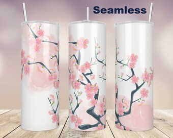 Sakura Floral Glitter Tumbler, 20oz Skinny Tumbler Sublimation Design Seamless Flower Pink Cherry Blossom Pattern Template, Straight/Tapered