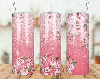 Pink Cherry Blossom Tumbler, Sakura Floral Glitter Tumbler, 20 oz Skinny Tumbler Sublimation Wrap Designs Pastel Watercolor Pattern PNG