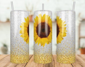 Sunflower Gold Glitter Tumbler Png, Print Confetti Gold - White Sublimation Tumbler Designs, 20oz Skinny Tumbler Wraps Pattern Templates