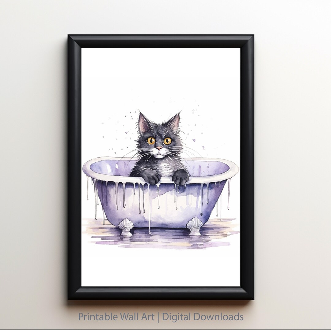 Cat in Bathroom Wall Art Cat Photo Cat in Tub Bathroom Wall Art Digital ...