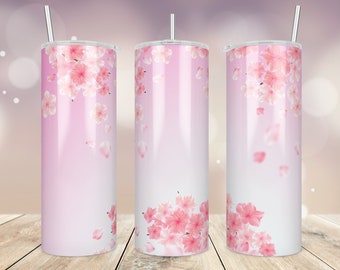 Cherry Blossom Png, Pink Sakura Full Wrap, 20oz Skinny Tumbler Sublimation Watercolor Floral Designs Templates Straight and Tapered - PNG