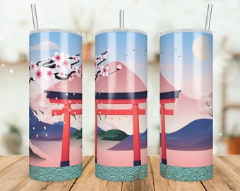 Sakura Japanese Cherry Blossom Flower Tumbler, Colorful Watercolor Pink Floral Tumbler 20oz Skinny Tumbler Sublimation Wrap Designs Template