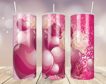 Heart Valentine Tumbler Wrap, Valentine's Day Tumbler Png, Valentine's Roses Full Wrap 20 oz Skinny Tumbler Sublimation Designs Downloads