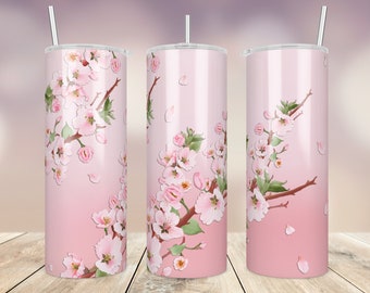Pink Cherry Blossom Tumbler, 20oz Skinny Tumbler Sublimation Wrap Design Pastel Watercolor Pattern Template, Straight / Tapered - Png File
