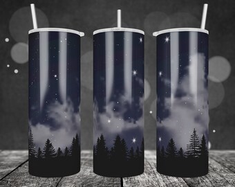 Night Sky Silhouette Tumbler, Night Forest Galaxy Tumbler Png, Glitter Galaxy Background, 20 oz Skinny Tumbler Sublimation Designs Templates