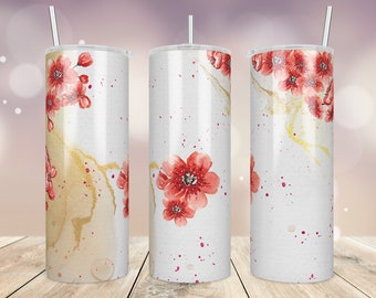 Cherry Blossom Tumbler Wrap, 20oz Skinny Tumbler Sublimation Designs Wrap Red and Colorful Pastel Pattern Template, Straight / Tapered