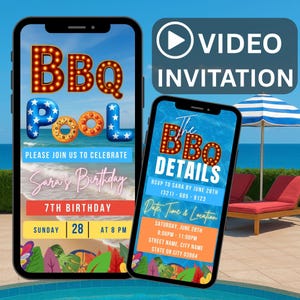 Blue BBQ Pool Party Invitation, Digital Backyard Barbecue and Swim Party eVite, Animated Tropical Summer Celebration for Friends & Family