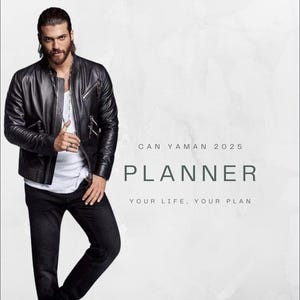 May include: A person wearing a black leather jacket, white shirt, and black jeans. The image includes the text "CAN YAMAN 2025 PLANNER YOUR LIFE, YOUR PLAN."