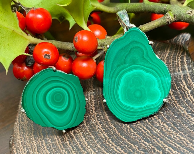 Malachite Jewelry Set Pendant And Ring Sterling Silver #1169