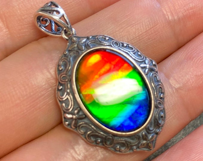Canadian Ammolite Pendant Rainbow Color Sterling Silver 38x23 mm  #2308