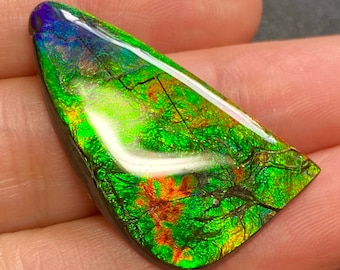 May include: A green, iridescent, polished gemstone with a teardrop shape. The stone has a variety of colors, including green, blue, red, and orange. The stone is set in a silver setting.