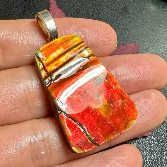 Rainbow Canadian Ammolite Pendant, Handcrafted Ammolite Necklace, Rare Ammonite Fossil Statement Jewelry for Gift Multiple Options
