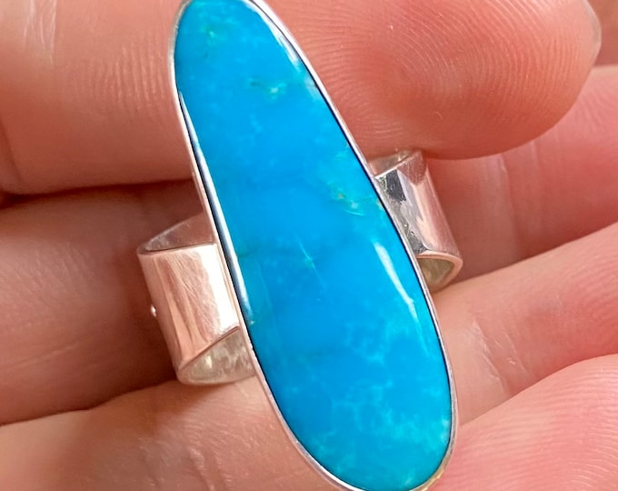 Natural Arizona Turquoise 33X11 MM Ring Gemstone Sterling Silver Ring Size 8  #1135-3