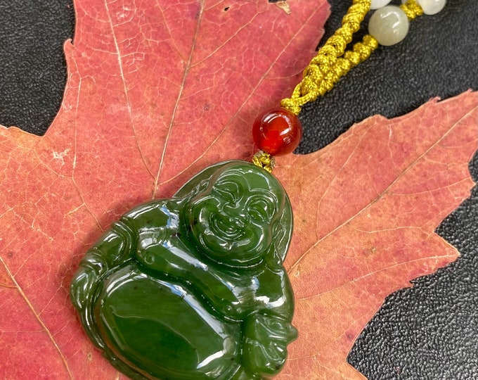 Authentic Buddha Jade Pendant Necklace Natural Canadian Nephrite Green Jade 29X27X7.5 mm #1238-11