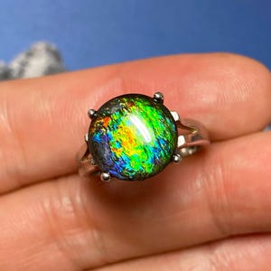 Ammolite Ring Gemstone 12 MM Sterling Silver Size 7.5 #3030-7