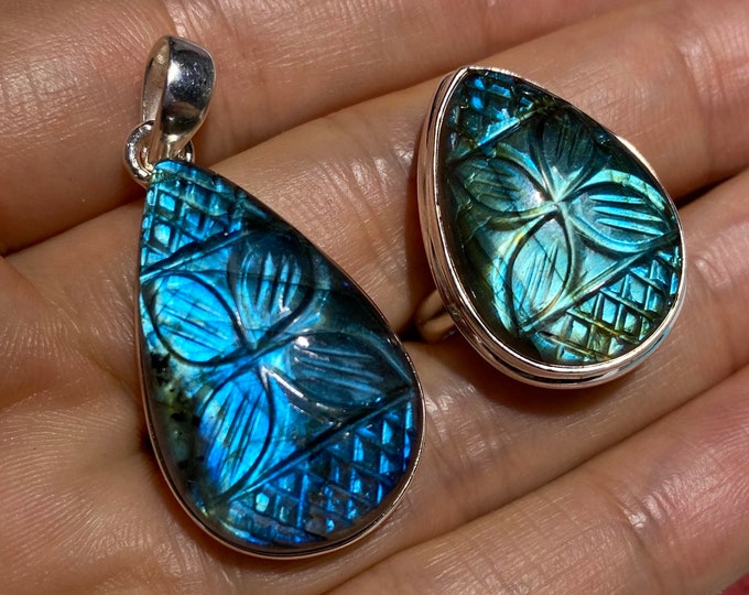 Labradorite Jewelry Set Pendant And Ring Sterling Silver #1145