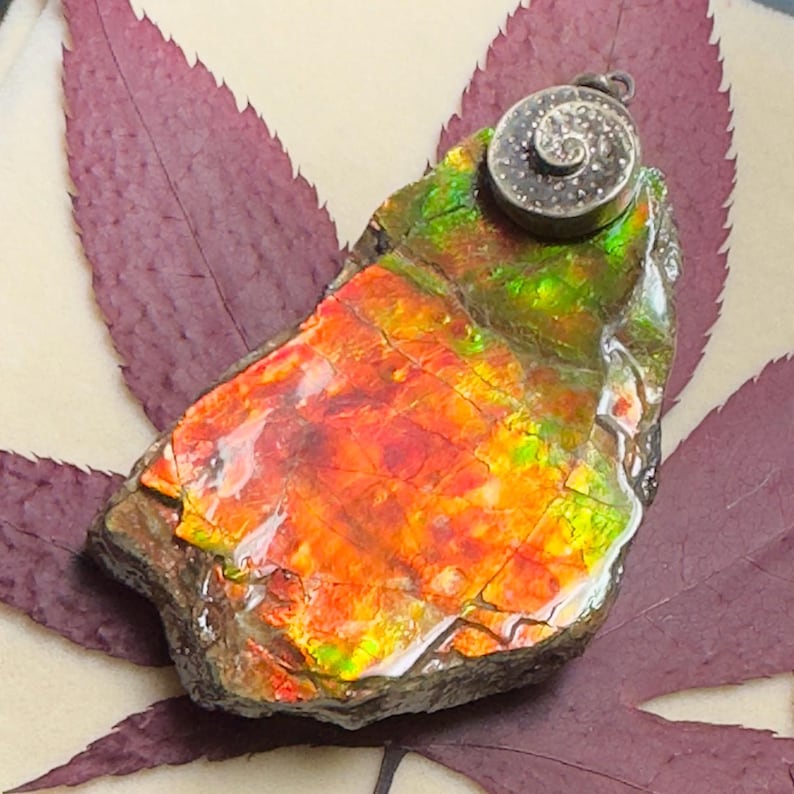 May include: A pendant featuring a raw, iridescent ammolite gemstone with vibrant red, orange, and green flashes. The stone has a rough, dark brown natural edge and is topped with a circular, silver-toned metal bail featuring a spiral pattern.